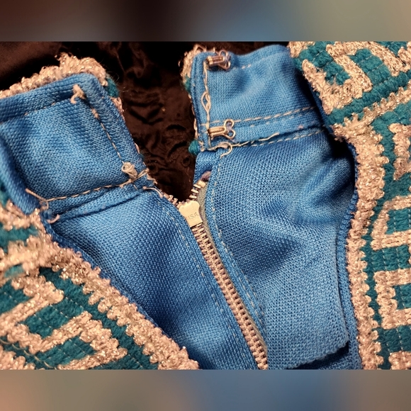 70s Twiggy MOD Zip Hi Neck Sparkly Greek Key Trim Star Trek Vin Mini Dress OO - Picture 13 of 16